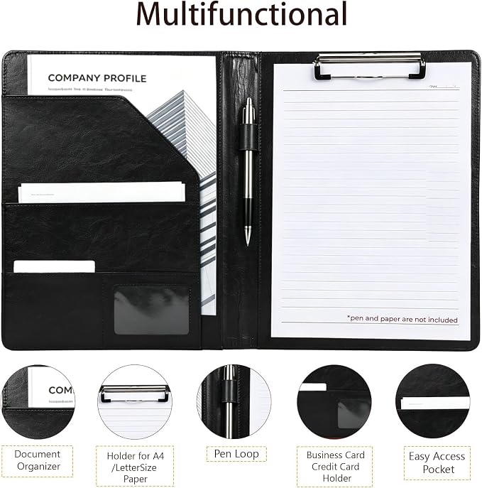 Professional Padfolio Portfolio Binder, Faux Leather Interview Resume Folder, Letter Sized Writing Pad w/Business Card Holder, A4 Professional Folio for Office Conference (Black)