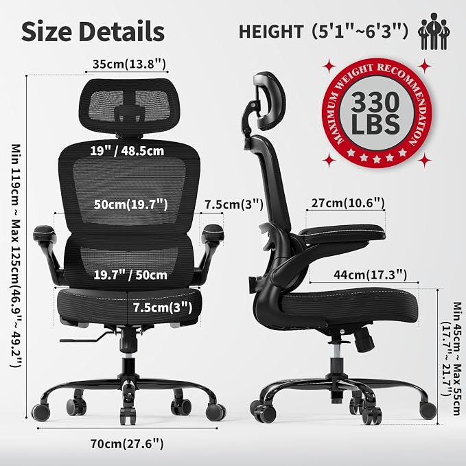 TRALT Ergonomic Office Chair - Desk Chair with Adjustable Headrest Lumbar Support Computer Chair - Mesh Comfy Chair with Flip-up Armrests - Gaming Chair for Adults Home Office PU, Black, Pack of 6