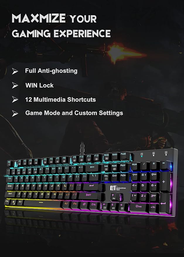 TDT Mechanical Gaming Keyboard,Wired 104 Keys RGB Keyboard with Blue Switch, Programmable RGB Backlit for Windows Gaming PC