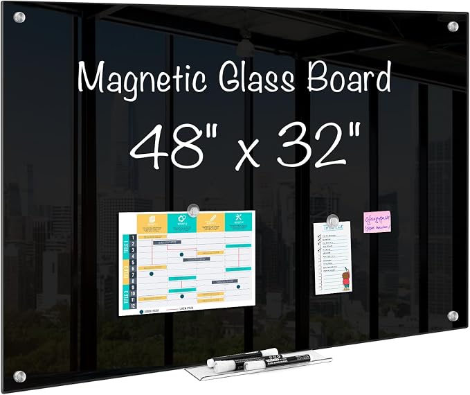 maxtek Magnetic Glass Dry Erase White Board, 48" x 32" Black Glass Board for Wall Mounted, Includes 6 Magnets with Marker Tray, 3 Markers and 1 Eraser for Classroom Home, Office Supplies