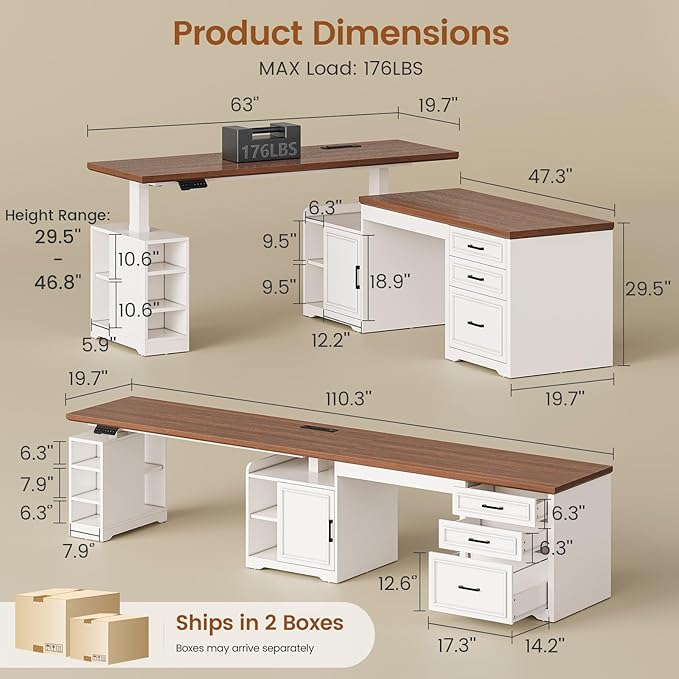 SEDETA Farmhouse L Shaped Electric Standing Desk, 63" x 67" Height Adjustable Home Office Executive Desk with Drawers, Standing Computer Desks with Power Outlet for Home Office, White+Brown