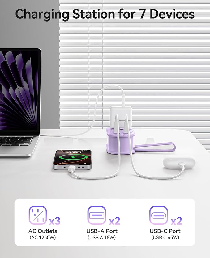 ORICO 45W Power Strip for iPhone 17 and Galaxy S25, 7 in 1 Charging Station with 3AC, 2 USB-A, 2 USB-C, 4ft Thin Extension Cord, Flat Plug Fashion Essential for Travel/Home/Office/Library/Dorm - TK45