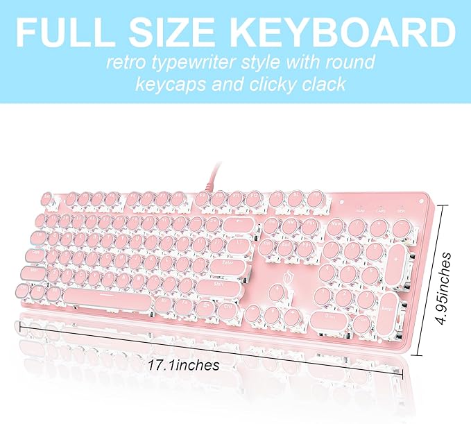 Typewriter Style Mechanical Gaming Keyboard LED Backlit Wired with Blue Switch Retro Round Keycap 104 Keys Keyboard (Pink 104Keys LED)