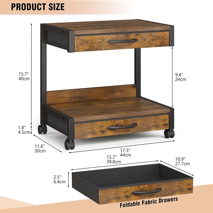 VENNQD 2-Tier Desktop Printer Stand with 2 Fabric Drawers, Prtiner Table with Storage Shelf, Desk Organizer for Home Office,3D Printer,Fax Machine,Scanner (Brown, 2 Tier)