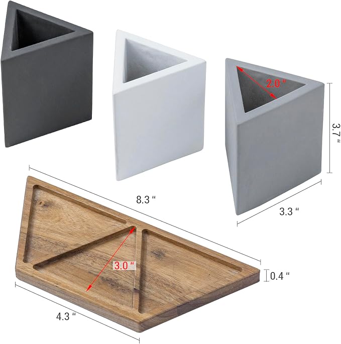 MyGift Modern Concrete Desk Organizer Set with 3 Triangular Gray-Tone Pen Holders and Acacia Wood Tray, 4-Piece Office Storage Solution for Pens, Pencils, and Supplies