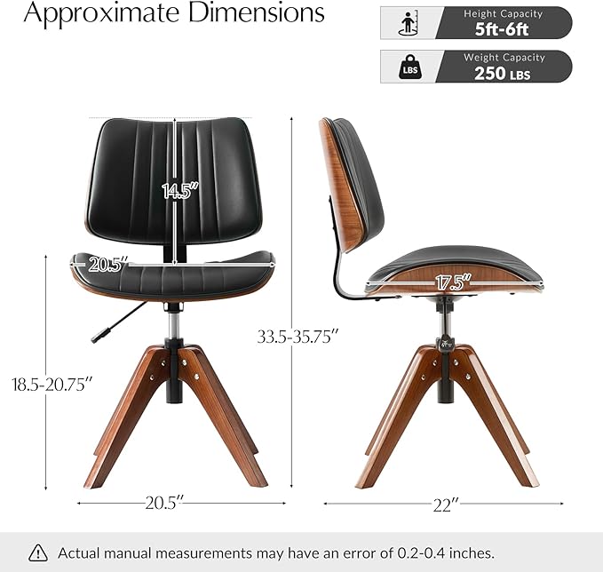 HULALA HOME Faux Leather Home Office Desk Chair No Wheels, Black | Mid-Century Modern Desk Chair with Wood Legs, 360° Swivel Computer Task Chair with Channel-Tufted Backrest, Height Adjustable