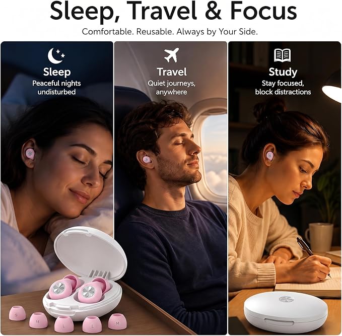45dB Ear Plugs for Sleeping, Soft Silicone for Side Sleepers, 4 Sizes | Reusable soft silicone with XS/S/M/L sizes for side sleepers, concerts, flights and hotels; carrying case included.