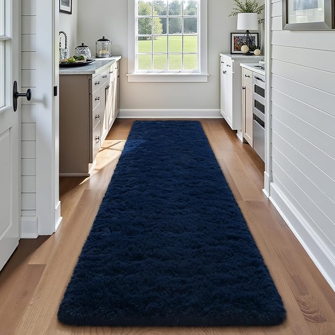 HOMORE 2x10 Runner Rugs for Bedroom, Navy Blue Runner Rug for Hallway Entryway Laundry, Modern Shag Bedroom Runner Cute Carpets for Kids Dorm Bedside