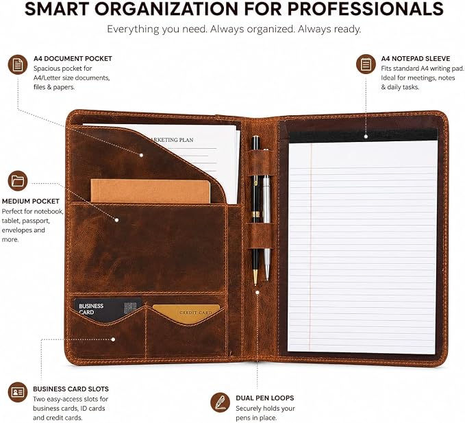 Leathervine Compact Leather Portfolio with Clipboard | Legal Pad | Card Holders | File Pocket | Pen Loop | Premium Organizer for Meetings | Work | Interviews | Graduation Gifts