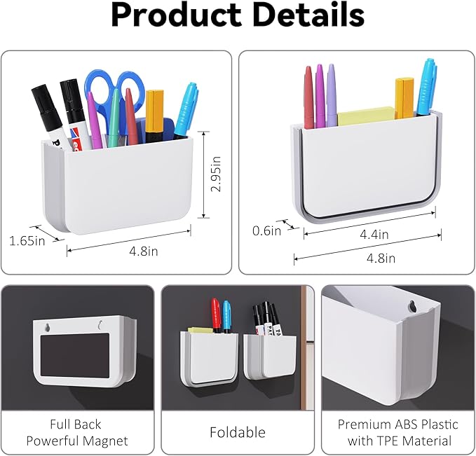 Magnetic Foldable Pen Holder, Magnetic Dry Erase Marker Pencil Holder, Strong Magnet Remote Holder Storage Organizer for Office, Whiteboard, Locker, Home Refrigerator, Desk Accessories(1 Pack White)