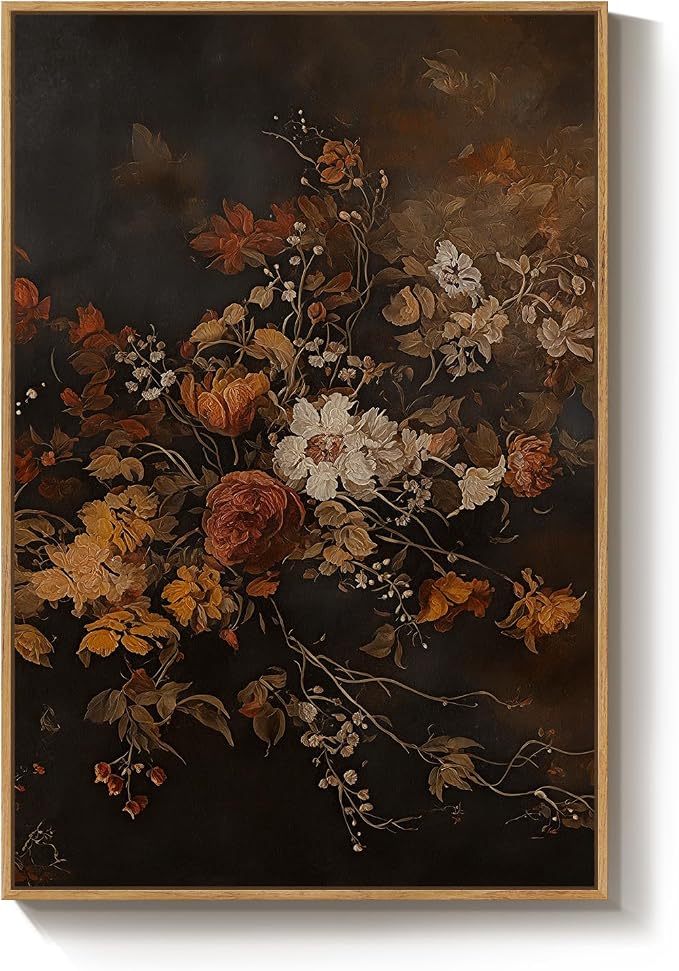 Framed Vintage Floral Wall Art for Room Decor, Retro Dark Moody Flower Canvas Artwork for Walls, Vertical Antique Botanical Painting Print for Living Room Bedroom Hallway Office Wall Decor, 24x36 Inch
