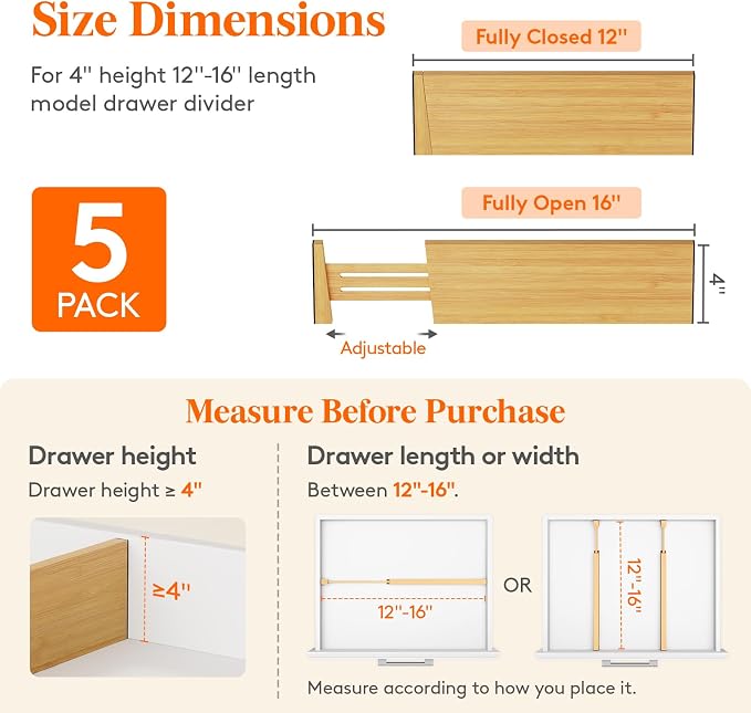 Lifewit 4" High 5 Pack Bamboo Drawer Dividers 31-40cm/12-16 Adjustable Wooden Drawer Organizer for Clothes/Utensils, Expandable Drawer Separator for Dresser/Kitchen/Bedroom/Office Organization