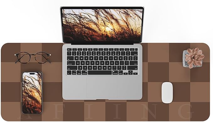 AFIING Brown Checkered Desk Pad 31.5" x 12" | Waterproof PU Leather, Non-Slip Rubber Base, Checkered Design, Office & Home