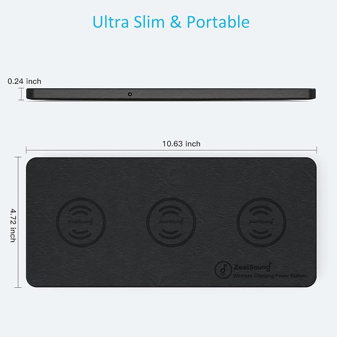 ZealSound Wireless Charging Pad, 3 in 1 Charger Mat for iPhone, Samsung Galaxy, Pixel, AirPods & Galaxy Buds, 24W Adapter Included, Ultra Slim, Case Friendly, PU Leather, for Home Office & Travel