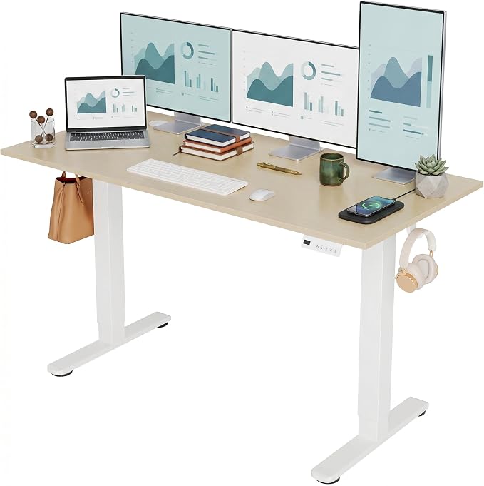 Claiks Electric Standing Desk 55x24 Inch Adjustable Desk, Nature | 156lbs weight capacity, 3 memory presets, industrial steel frame, cable management hub, adjustable height , easy assembly