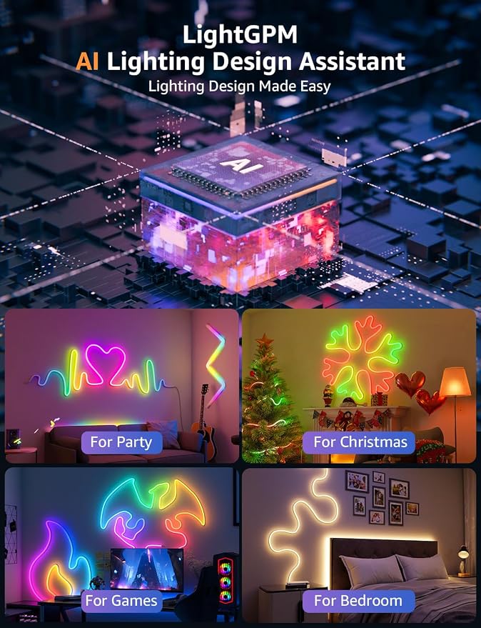 Lepro N1 AI Smart RGB Rope Lights for Christmas, Personalized AI Lighting Designer, LightBeats Music Sync, Color Segment DIY, Voice Control Via App, 19.68ft Wi-Fi & Bluetooth LED Strip Lights