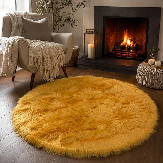 EasyJoy Faux Sheepskin Rug, Fluffy Faux Fur Rug, Ultra Soft Shag Area Rug with Non-Slip Backing for Bedroom, Living Room, Nursery, Kids Room(4 x 4 ft Round, Golden Yellow)