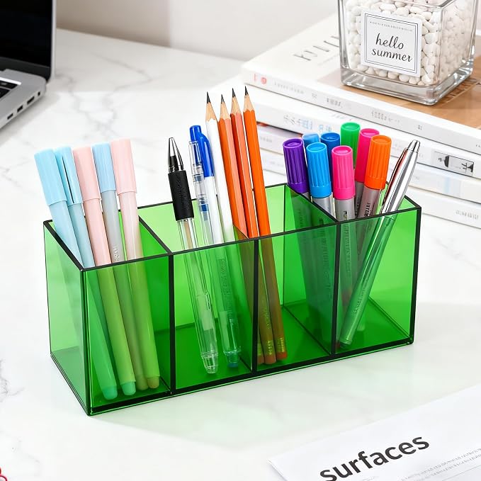 Pen Holder for Desk Neon Acrylic Pencil Holder Cup Makeup Brush Storage Organizer for Vanity, Turquoise Green