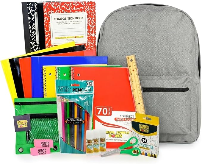 School Supply Boxes | 17" Assorted - Solid Color Backpack Bundle Pallet (180 Backpacks) for Elementary School | Back to School Bookbag with Supplies | Contains Crayons, Colored Pencils, Ruler, & More