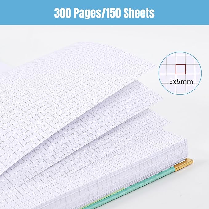 Graph Paper Notebook, 8.5" x 11" Spiral Notebook, 300 Page Hardcover Graphing Notebook for School, Leather Notebooks for Work, Engineering, Thick Large A4 Grid Notebook, 5 Squares, 24Pcs Tabs, Pink