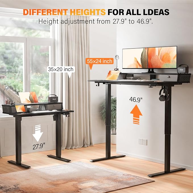 Electric Standing Desk with Two Drawers,48 x 24 Inch Sit Stand Desk Adjustable Height, Stand Up Desk with Storage Shelf, Computer Workstation for Home Office, Black