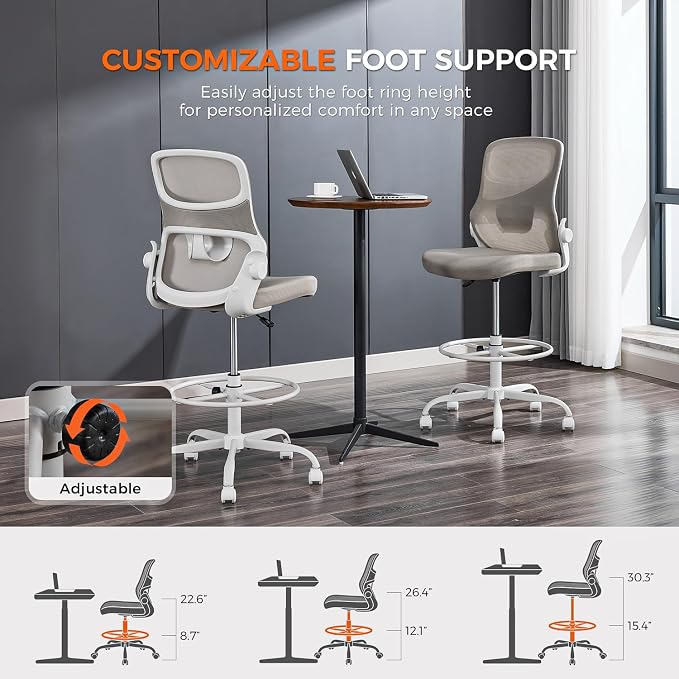 Armless Drafting Chair, Tall Office Chair for Standing Desks | A foot ring steadies legs through crafting and studio projects; breathable lumbar mesh and silent casters fit compact spaces.
