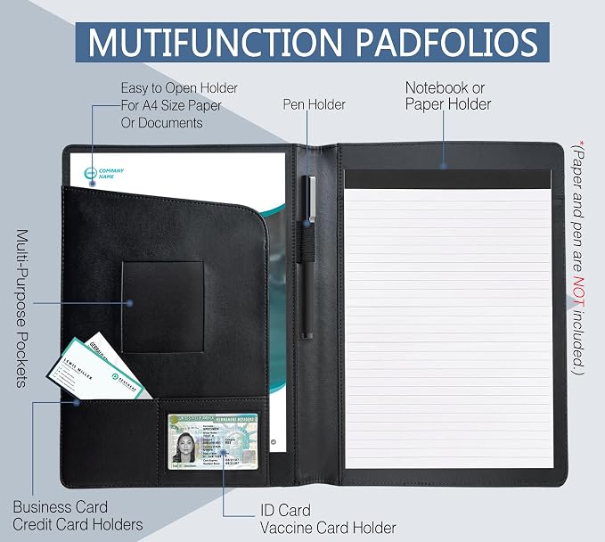 Padfolio Portfolio Folder Portfolio Organizer for A4 Size Pad - Faux Leather Folder with Storage Pocket, Card Holders & Pen Loop for Business Meeting, Office, Student (Black)