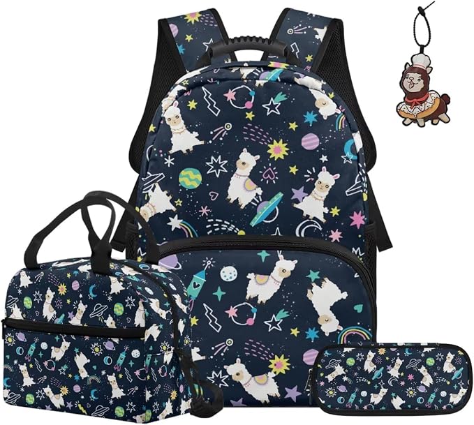 ZFRXIGN Planet Alpaca Teen Girls Backpack for School with Cute Pendant 17inch Middle High School Bag and Insulated Lunch Box Portable Pencil Case Blue Bagpack Set