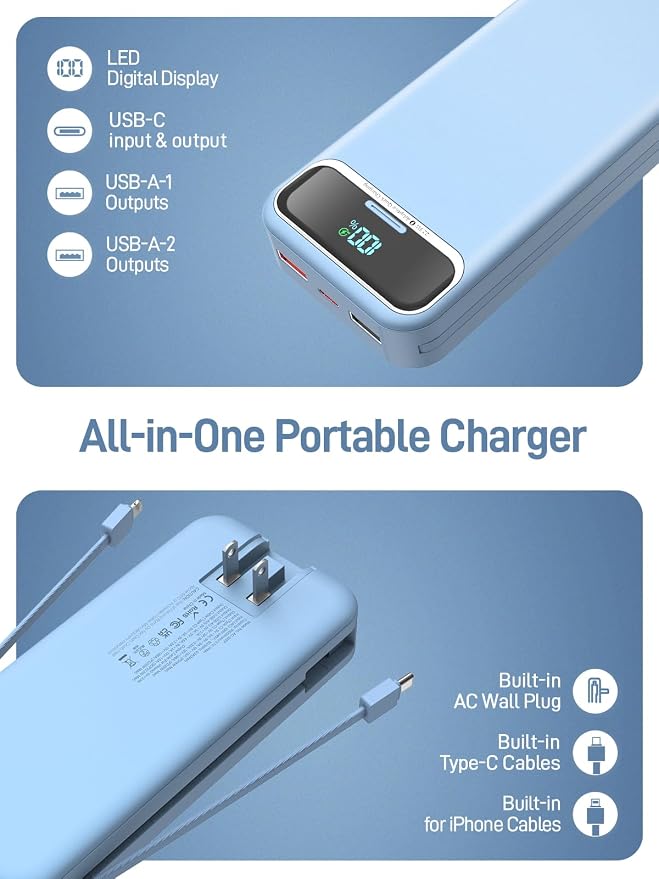 Nusyddy Portable Charger 20000mAh 22.5W w/Built-in Cables & Wall Plug Blue | 22.5W Fast Charging, High Capacity, LED Display, Charge 5 Devices at once, TSA Approved, Compatible with iPhone/iPad/Samsung