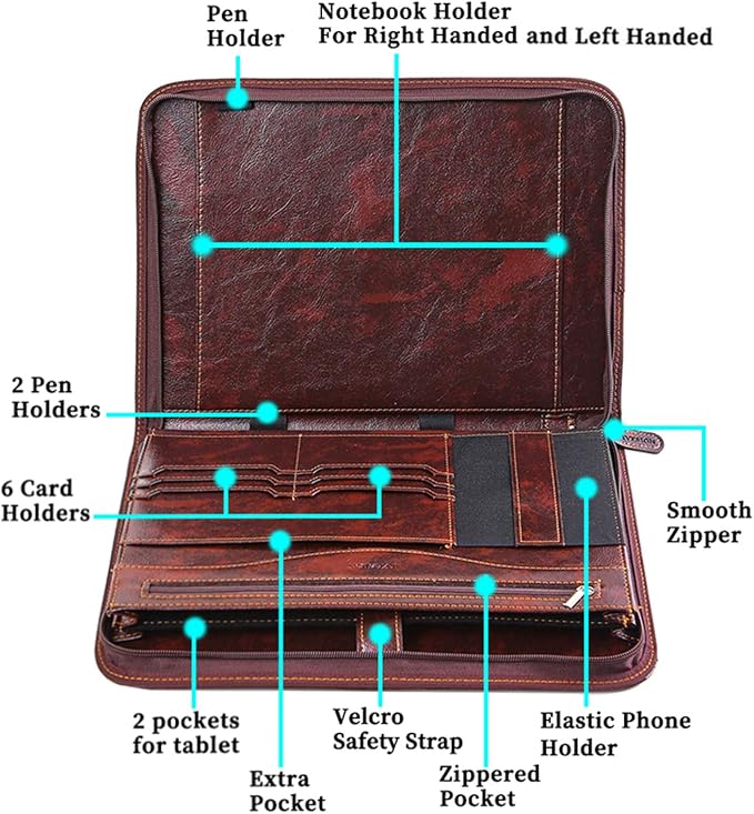Zippered Padfolio for Women & Men Resume Portfolio Folder Vegan Leather Business Organizer Planner,with Writing Pad Interior 10.1 Inch Tablet Sleeve Dark Brown
