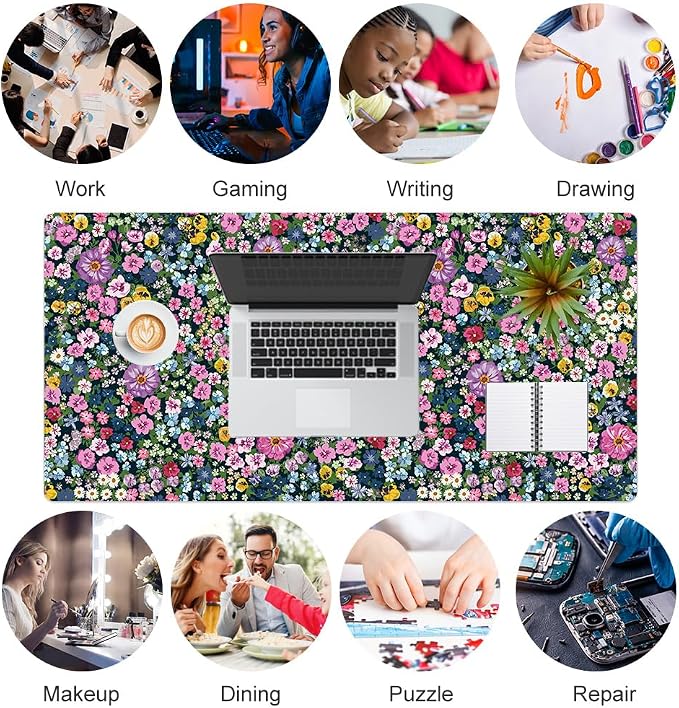 Colorful Star Large Mouse Pad, Floral Desk Mat Office Supplies, Waterproof Faux Leather Big Gaming Mousepad for Women Girls, Blooming Flowers Desk Pad Home Office Décor Accessories 31.5" x 15.7"