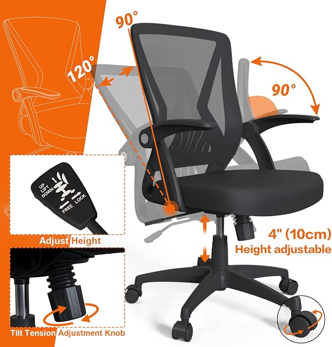 Mesh Office Chair Ergonomic Mid Back Swivel Black Mesh Desk Chair Flip Up Arms with Lumbar Support Computer Chair Adjustable Height Task Chairs