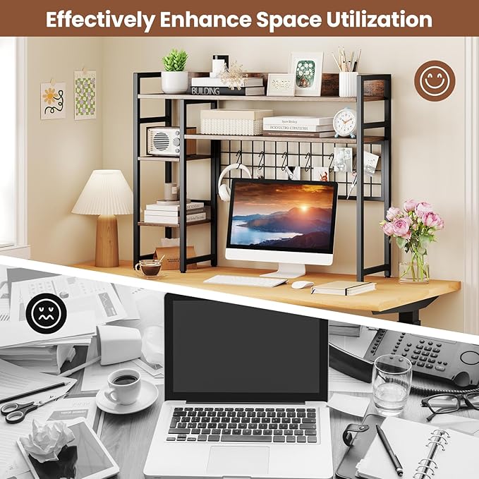 Tangkula Desktop Bookshelf for Computer Monitor Up to 32”, 37" x 29" Countertop Storage Hutch with 4 Open Storage Shelves, Grid Panel, Anti-tip Device, 4-Tier Desktop Display Shelves for Home Office