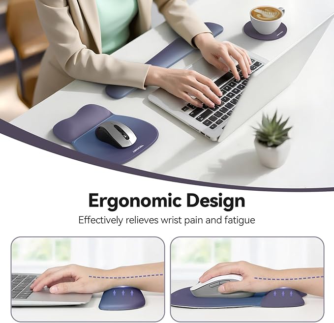 TECKNET Gel Mouse Pad with Wrist Rest, 3 in 1 Keyboard Wrist Rest for Pain Relief, Non-Slip PU Base & Easy Typing, Ergonomic Mousepad Set for Office & Home