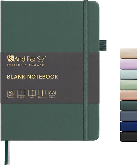 &And Per Se Blank Sketch Notebook, A5 Hardcover, 160 Pages 100gsm Thick Paper, Unlined Journal for Drawing, Doodling, Hand Lettering – Creative Gift for Artists, Designers, Writers (Green)