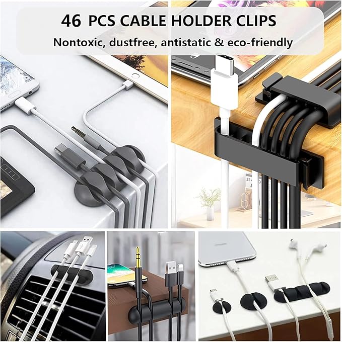 Cord Management Organizer Kit 4 Cable Sleeve split 192PCS Cable Management | 41Self Adhesive Cable Clips Holder, 10pcs and 2 Roll Self Adhesive tie ,100 Fastening Cable Ties, for TV Office Car Desk Home