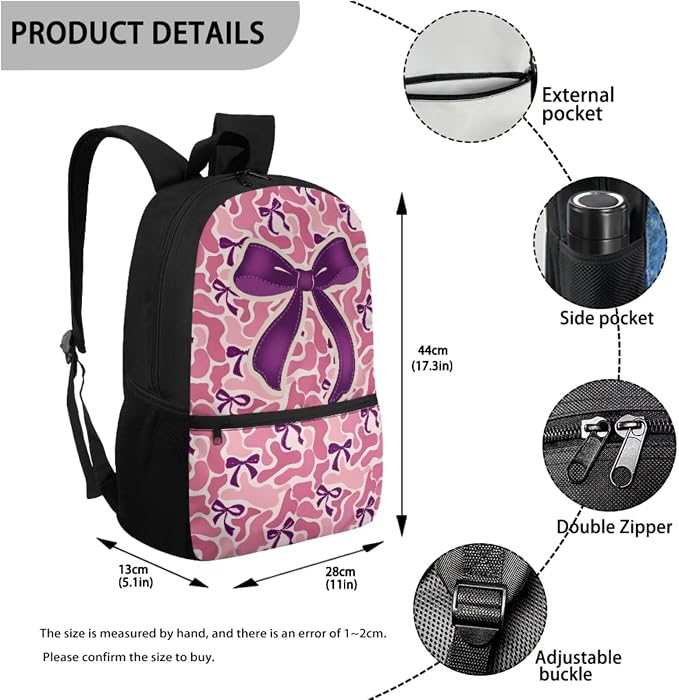 WELLFLYHOM Kids Pink Camo Bow Book Bags for Girls Ages 6-8 School Backpack | School Bookbag and Lunchbox Pencil Case Water Bottle Sleeve 4 Pcs Kids Backpack Set Gift for Back to School Season