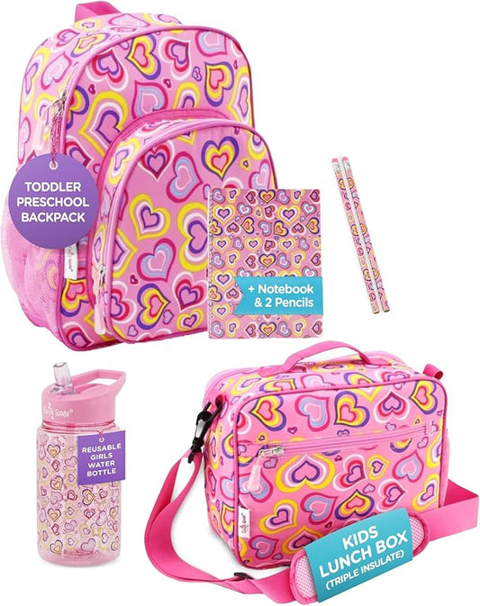 Emily Rose Girls School Set 3-PC Complete Bundle - Insulated Lunch Box + Backpack + Water Bottle with Notebook & Pencils - Ages 3-7 Back to School Supplies BPA Free Pink Hearts