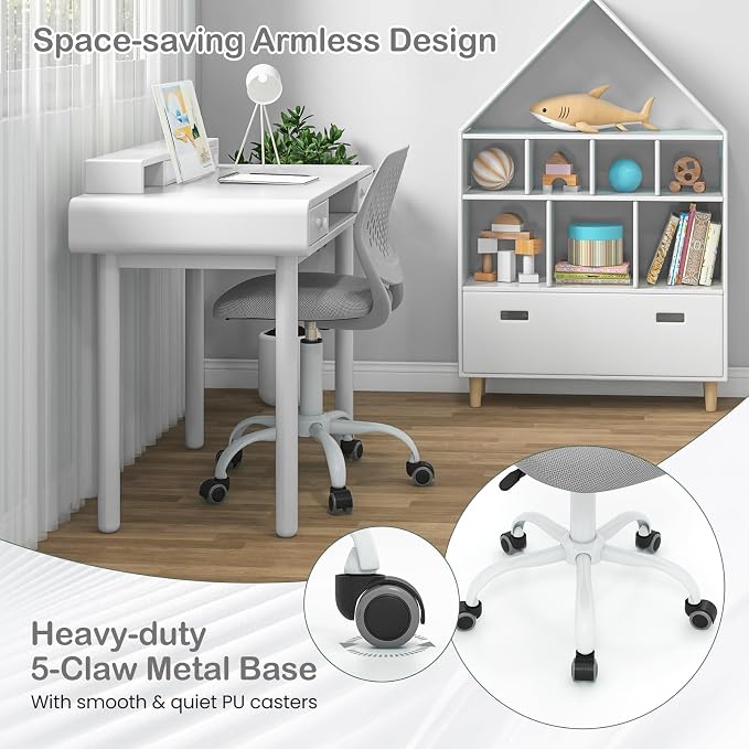 Giantex Kids Desk Chair, Adjustable Children Study Chair, Swivel Armless Mesh Task Office Chair, Computer Desk Chair with Adjustable Height & Lumbar Support (Grey)