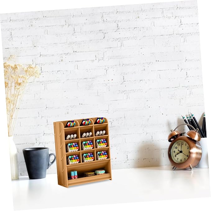 Ciieeo Multi-Grid Pen Box Wooden Pencil Case Pen Storage Box for Markers Pens Pencils Office Holder for Desk Stationery Storage Supply 10.03 X 8.26 X 3.62 in