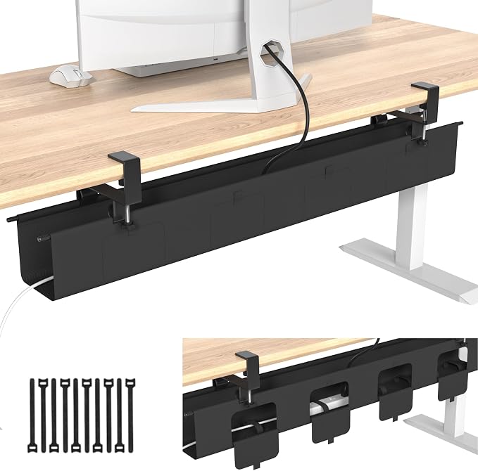 No Drill Under Desk Cable Management Tray, 47.5” Fabric Clamp Mount | Cord Organizer for Table, Heavy Duty Wire Management for Office Home, Black