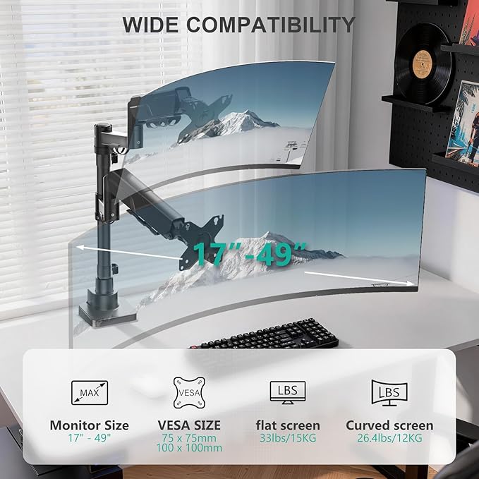 WALI Vertical Dual Monitor Stand for 17-49 inch Ultrawide Curved Screens, Heavy Duty Stacked Dual Monitor Mount with Tall Pole, Adjustable Gas Spring Monitor Arm up to 33lbs, 75/100mm VESA, Black