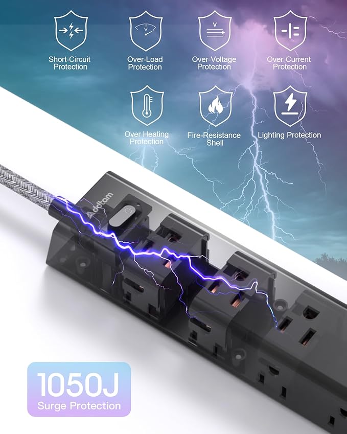 Surge Protector Power Strip - 5 FT Extension Cord, Power Strip with 12 Widely AC Outlet 3 USB, Flat Plug Wall Mount Overload Protection, 1050J, Desk Charging Station for Home Office, ETL Listed,Black