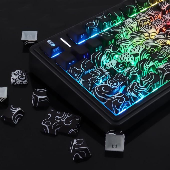 Tsungup PBT Keycaps,Custom Cool Dragon Pattern Side Print Keycaps(Black) | Tsungup Shine Through 138 Keys Cherry Profile Key Caps Keyboard Keycap Set for MX Switches Mechanical Keyboard