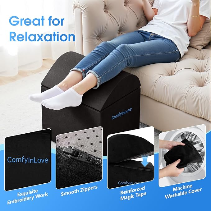Foot Rest for Under Desk with 3 Heights, Foot Stool, Black | Memory foam adjustable footrest, Ergonomic leg elevation, Non-slip Bottom, Washable Cover, Desk Office Home Car Coach Bed
