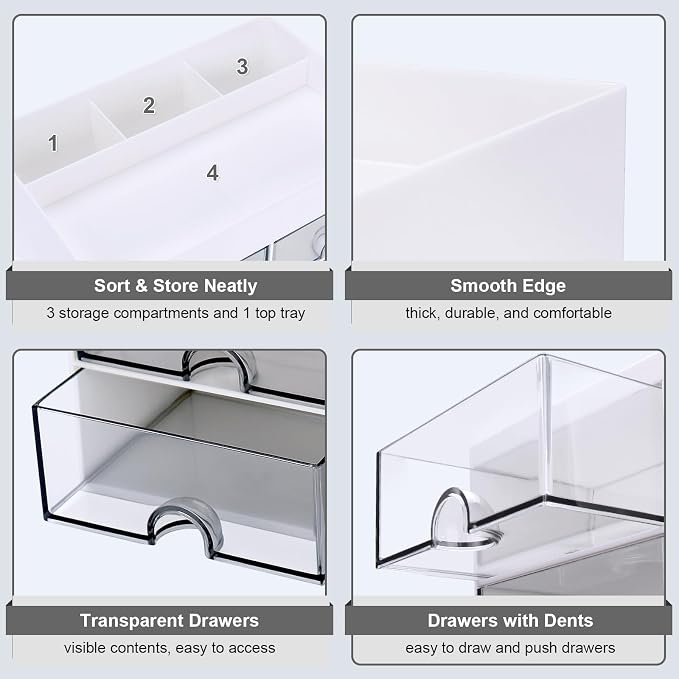 Meiikun Desk Organizer, Office Organizer with Drawer, Desk Accessories & Workspace Organizers, Pen Holder Office Supplies for Desk (4 Drawers+4 Compartments, White)