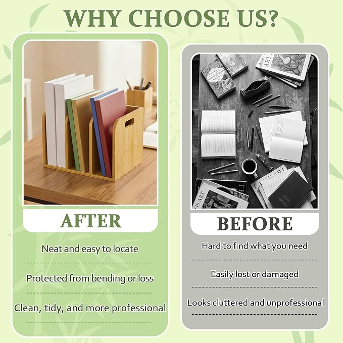 Novabright Bamboo File Magazine with Handle Holder Desk Organizer, 3 Vertical Compartments Workspace Sorters for Magazines, Binders, Notebooks, Envelopes