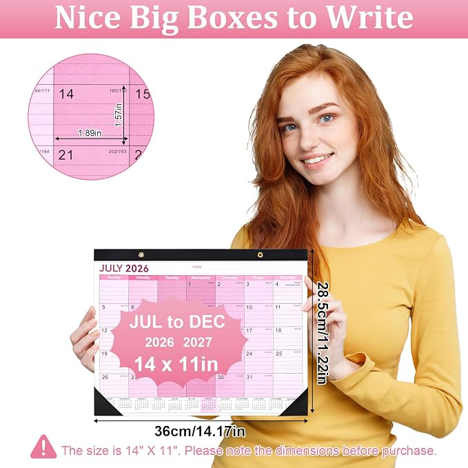 Desk Calendar 2026-2027, 14" X 11" Desktop Calendar 2026-2027, 18 Months Calander Runs from July. 2026 to Dec. 2027, Academic Monthly Planner for Home School Office (Pink)