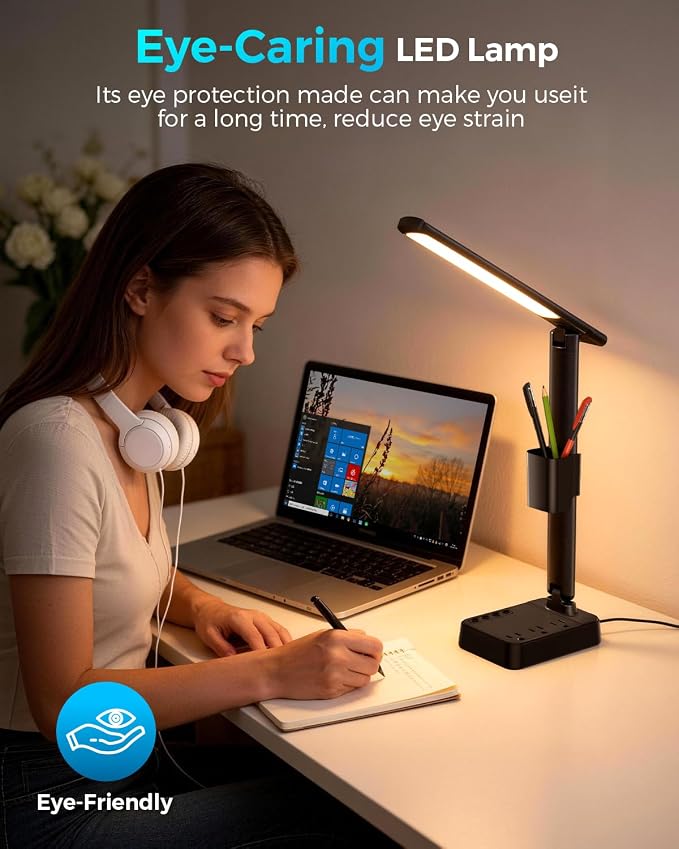 LED Desk Lamp with Power Strip, 3 AC Outlets & 4 USB Ports (2 USB-C), Stepless Dimming & 2800K-6500K Eye-Caring Desk Light, Foldable Table Lamp for Home Office, Dorm Room Essentials(10FT)