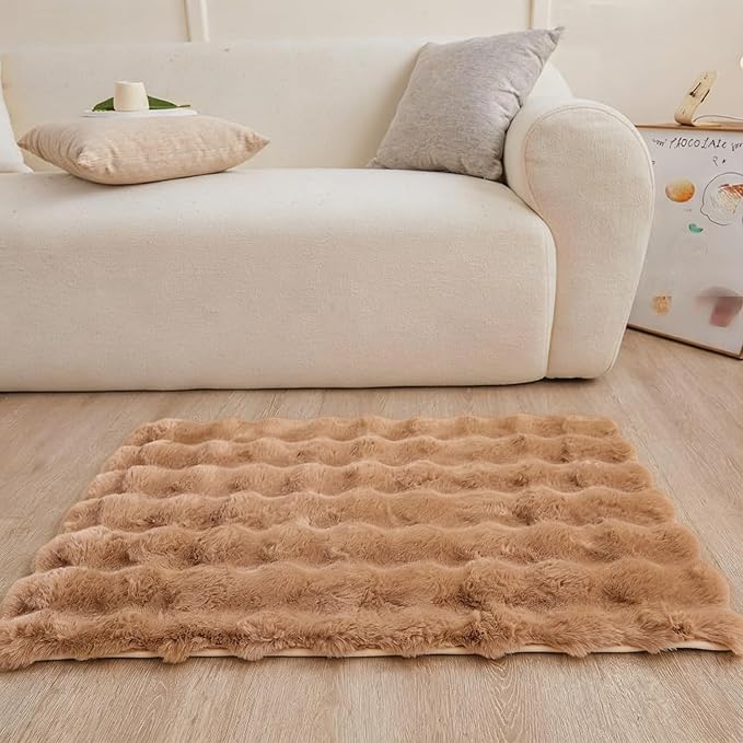Coffee Rabbit Plush Rug 2'x3', Fluffy Shaggy Area Rug for Nursery & Kids Room, Faux Fur Carpet for Girls Bedroom, Living Room, Teen Decor